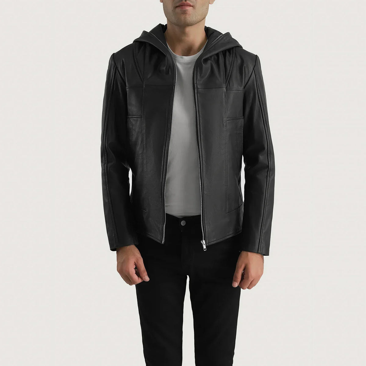 Men's Spratt Black Hooded Leather Jacket in Black Goatskin Leather - Front Profile View &amp; Tailored Silhouette | Buy Online