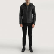 Close-Up Detail of Hooded &amp; Zipper Hardware on Men's Spratt Black Hooded Leather Jacket