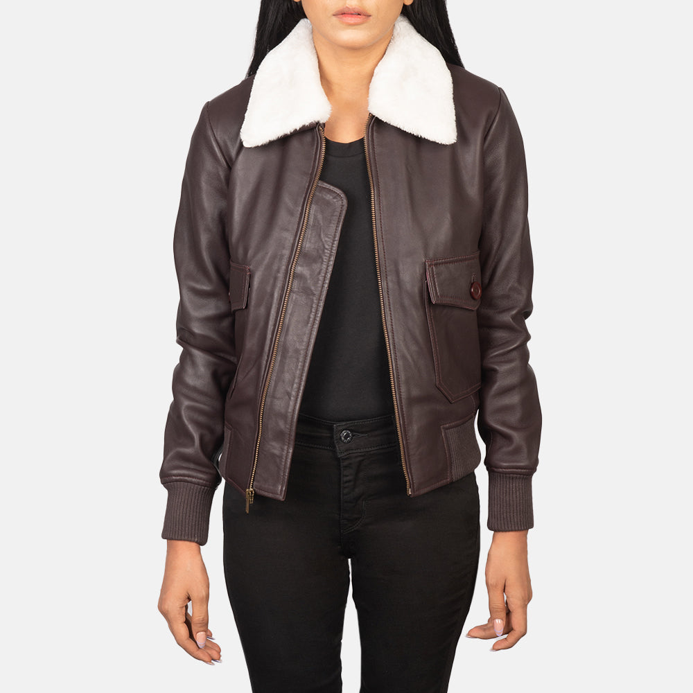 
Women's Stella G-1 Maroon Leather Bomber Jacket in Maroon Sheepskin Leather - Front Profile View & Tailored Silhouette | Buy Online
