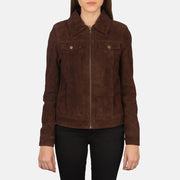 
Styled Fit Perspective of Women's Suzy Brown Suede Trucker Jacket on Model - Natural Daylight Drape