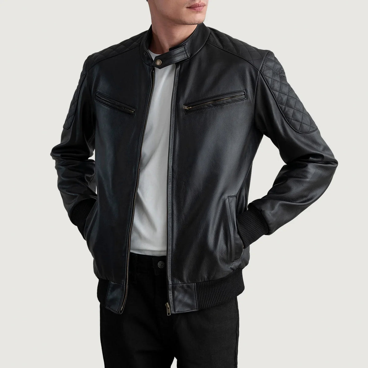 Men's Sven Mocha Suede Bomber Jacket - Lateral Side Profile View Showing Sleeve Cut &amp; Athletic Taper Fit