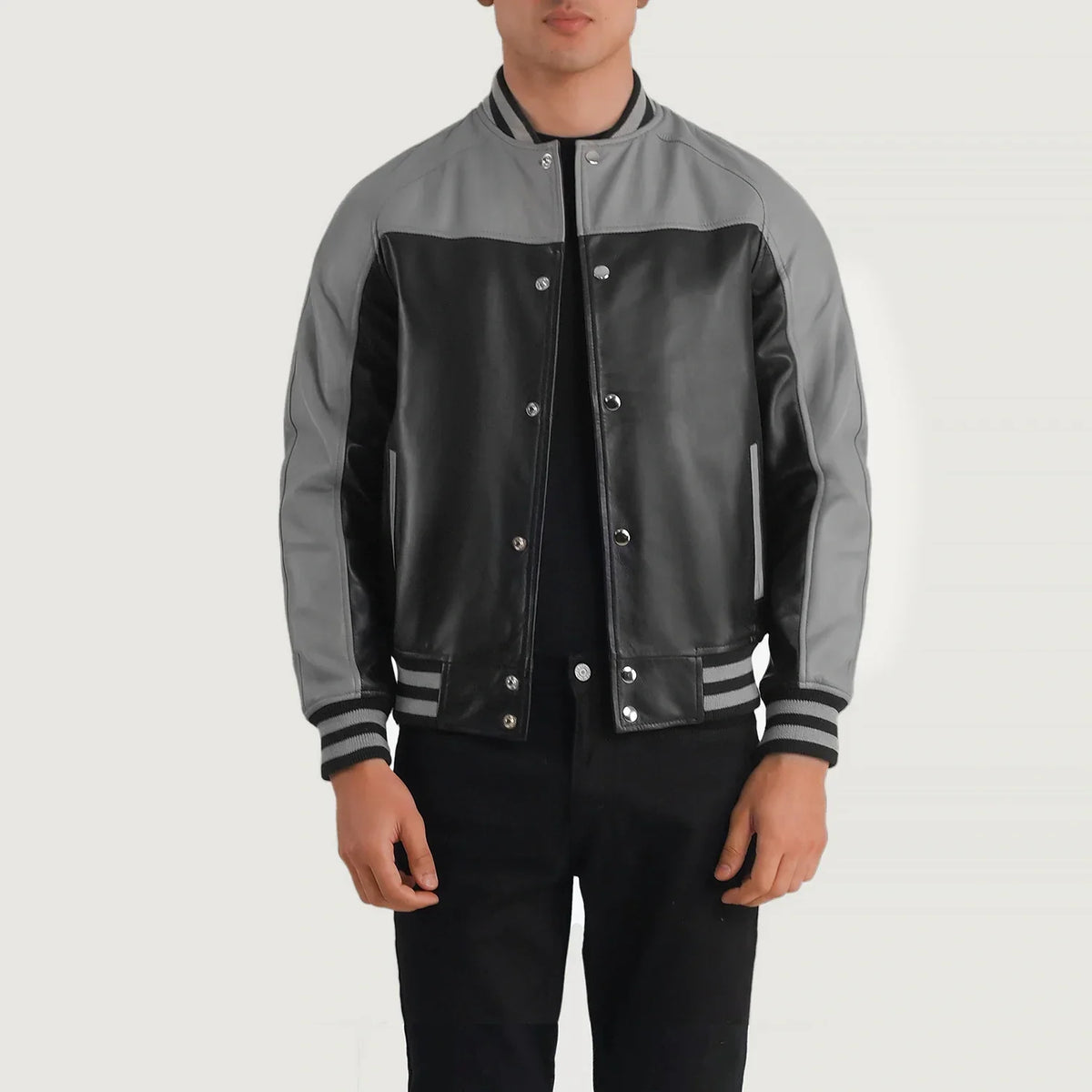 Terrance Black &amp; Red Leather Varsity Jacket in Black &amp; Red Sheepskin Leather - Front Profile View &amp; Tailored Silhouette | Buy Online