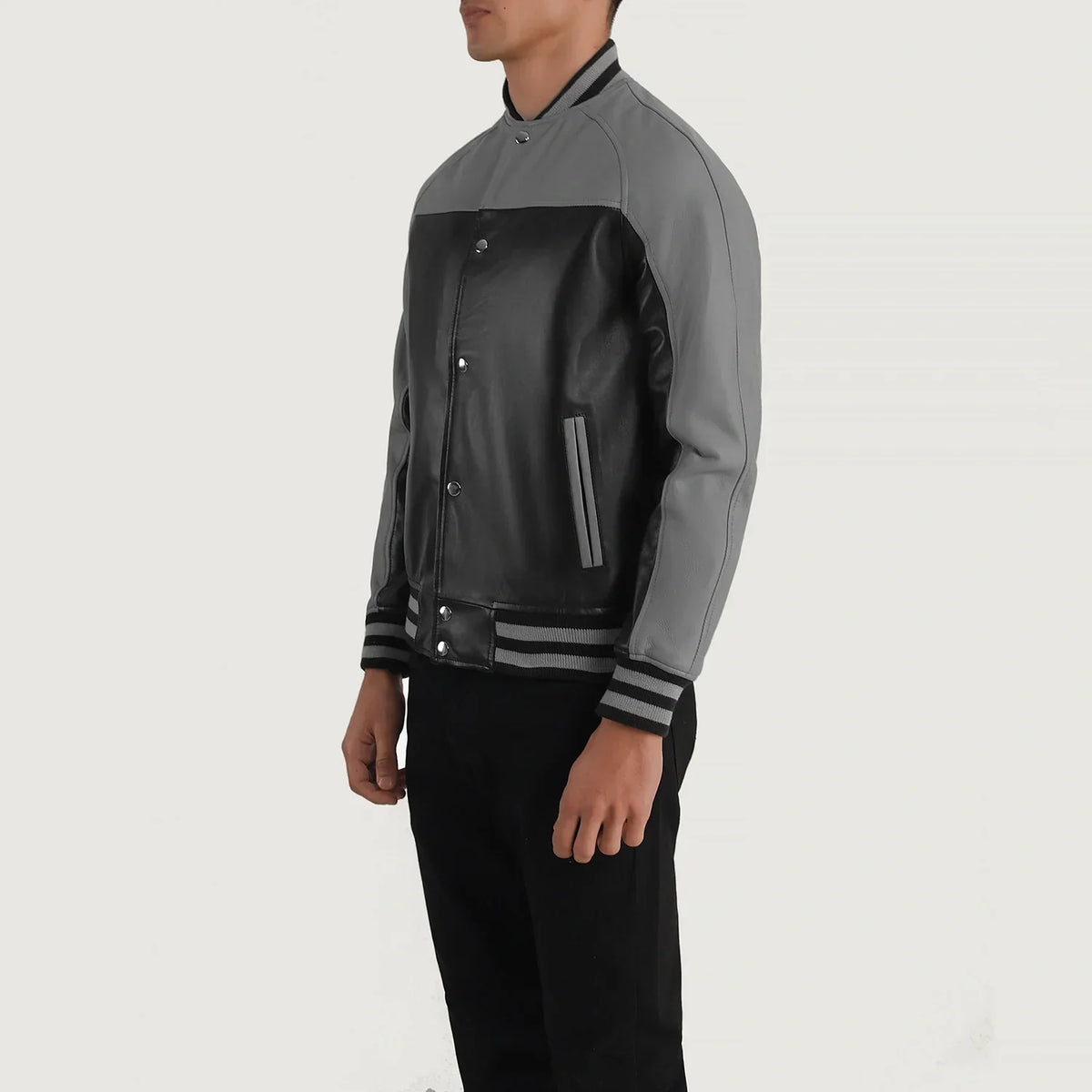 Black &amp; Red Sheepskin Leather Varsity Jacket - Back View Showing Tailored Shoulder Fit &amp; Clean Hemline