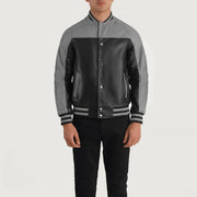 Close-Up Detail of Varsity &amp; Snap Buttons Hardware on Terrance Black &amp; Red Leather Varsity Jacket