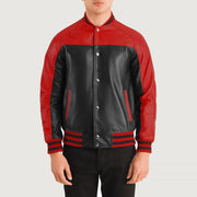 Tailored Rib Cuffs &amp; Hem Craftsmanship Construction Detail on Terrance Black &amp; Red Leather Varsity Jacket