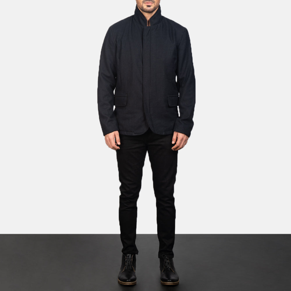 Men's Thomas Black Wool Jacket - Lateral Side Profile View Showing Sleeve Cut &amp; Athletic Taper Fit