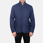 Close-Up Detail of Nehru &amp; Zipper with Dual Puller Hardware on Men's Thomas Blue Wool Jacket