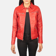 Women's Tomachi Red Leather Jacket in Red Sheep Skin Leather - Front Profile View &amp; Tailored Silhouette | Buy Online