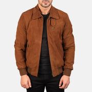 Men's Tomchi Tan Suede Leather Jacket in Brown Goatskin Suede - Front Profile View &amp; Tailored Silhouette | Buy Online
