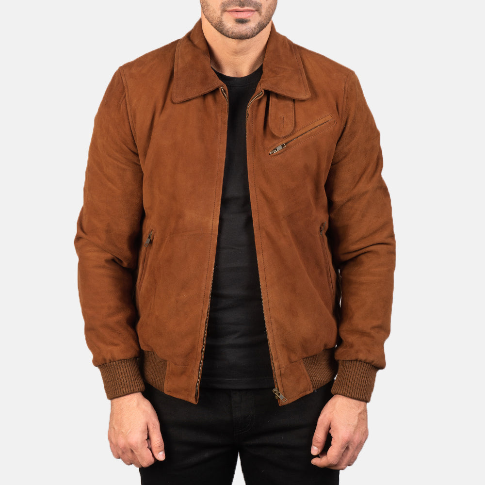 Men's Tomchi Tan Suede Leather Jacket in Brown Goatskin Suede - Front Profile View & Tailored Silhouette | Buy Online