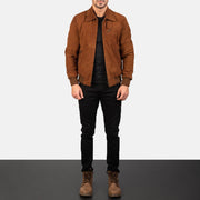 Men's Tomchi Tan Suede Leather Jacket - Lateral Side Profile View Showing Sleeve Cut &amp; Athletic Taper Fit
