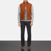 Men's Tony Brown Suede Vest - Lateral Side Profile View Showing Sleeve Cut & Athletic Taper Fit