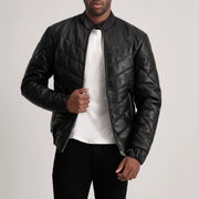 Travis Black Leather Puffer Jacket in Black Sheepskin Leather - Front Profile View &amp; Tailored Silhouette | Buy Online