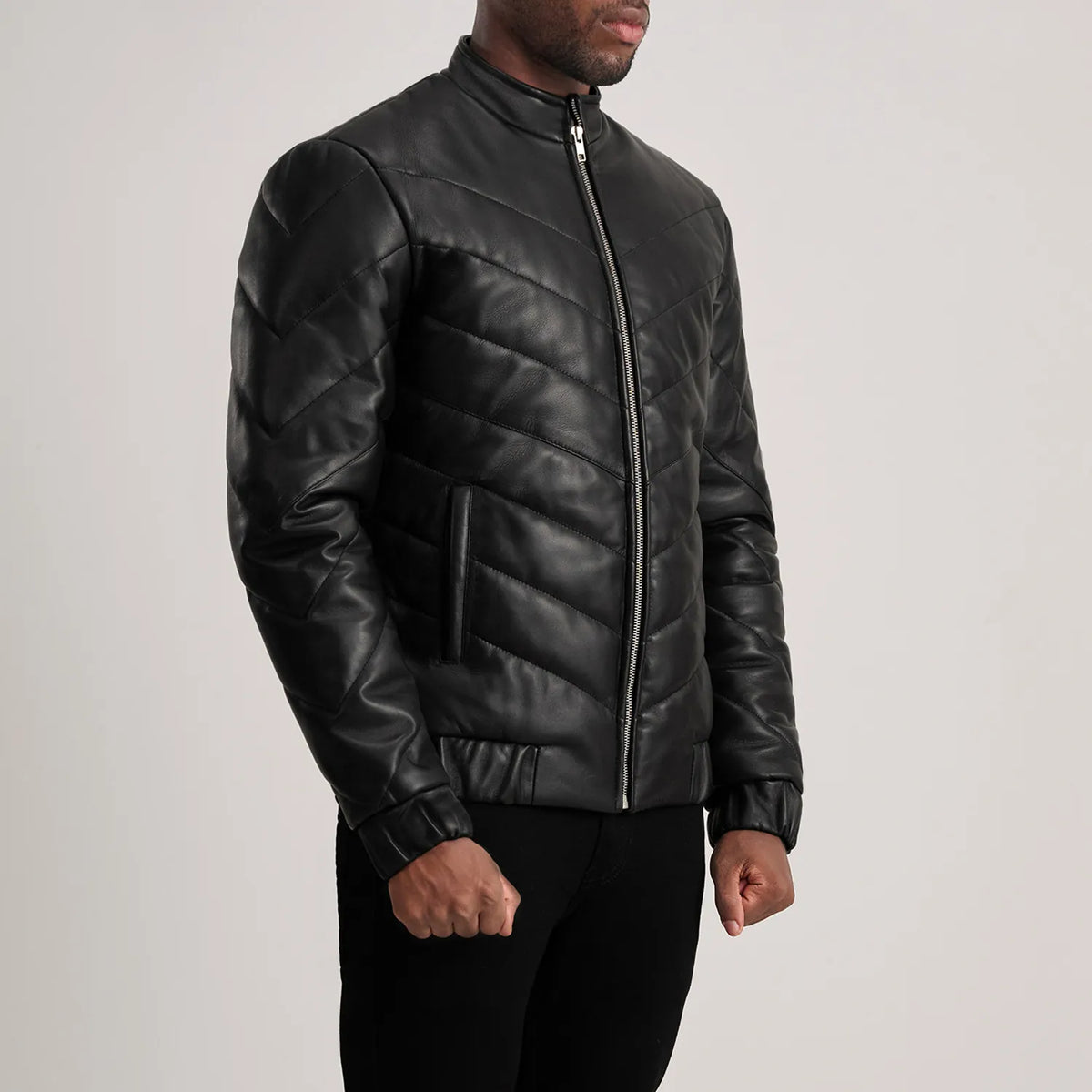 Black Sheepskin Leather Puffer Jacket - Back View Showing Tailored Shoulder Fit &amp; Clean Hemline