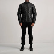 Travis Black Leather Puffer Jacket - Lateral Side Profile View Showing Sleeve Cut &amp; Athletic Taper Fit
