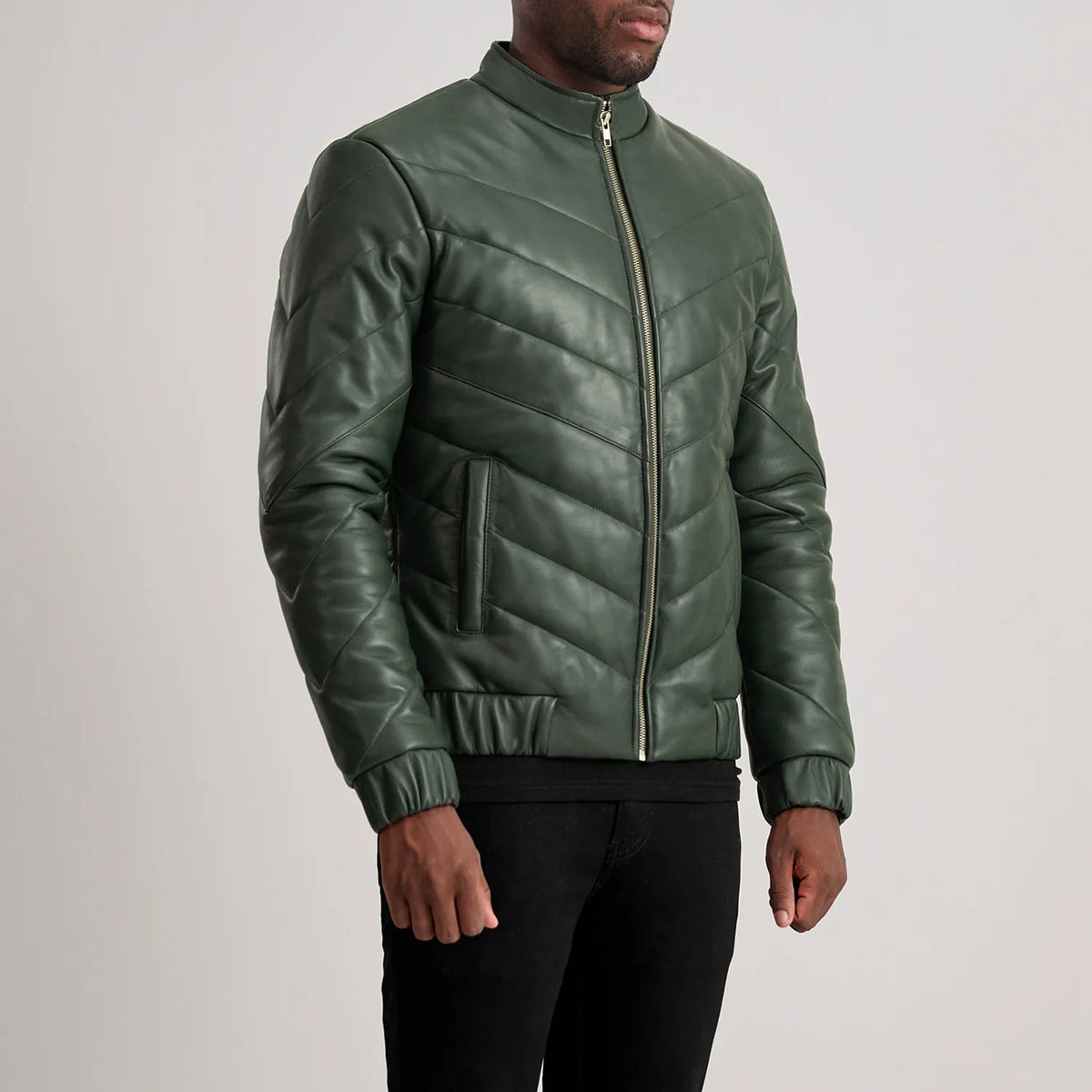 Styled Fit Perspective of Travis Black Leather Puffer Jacket on Model - Natural Daylight Drape