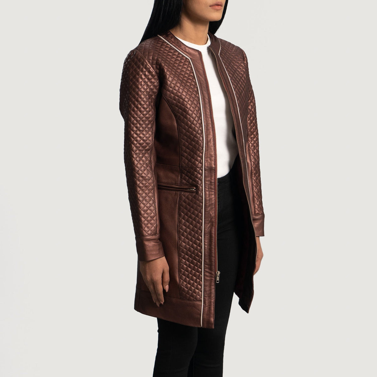 
Maroon Sheepskin leather Coat - Back View Showing Tailored Shoulder Fit & Clean Hemline