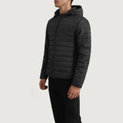 Black Full-Grain Leather Hooded Jacket - Back View Showing Tailored Shoulder Fit &amp; Clean Hemline