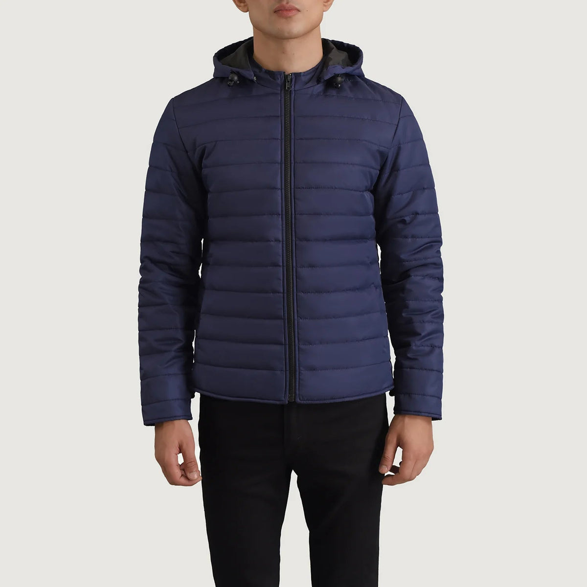 Close-Up Detail of Classic Collar &amp; Zipper Hardware on Tyler Blue Hooded Puffer Jacket