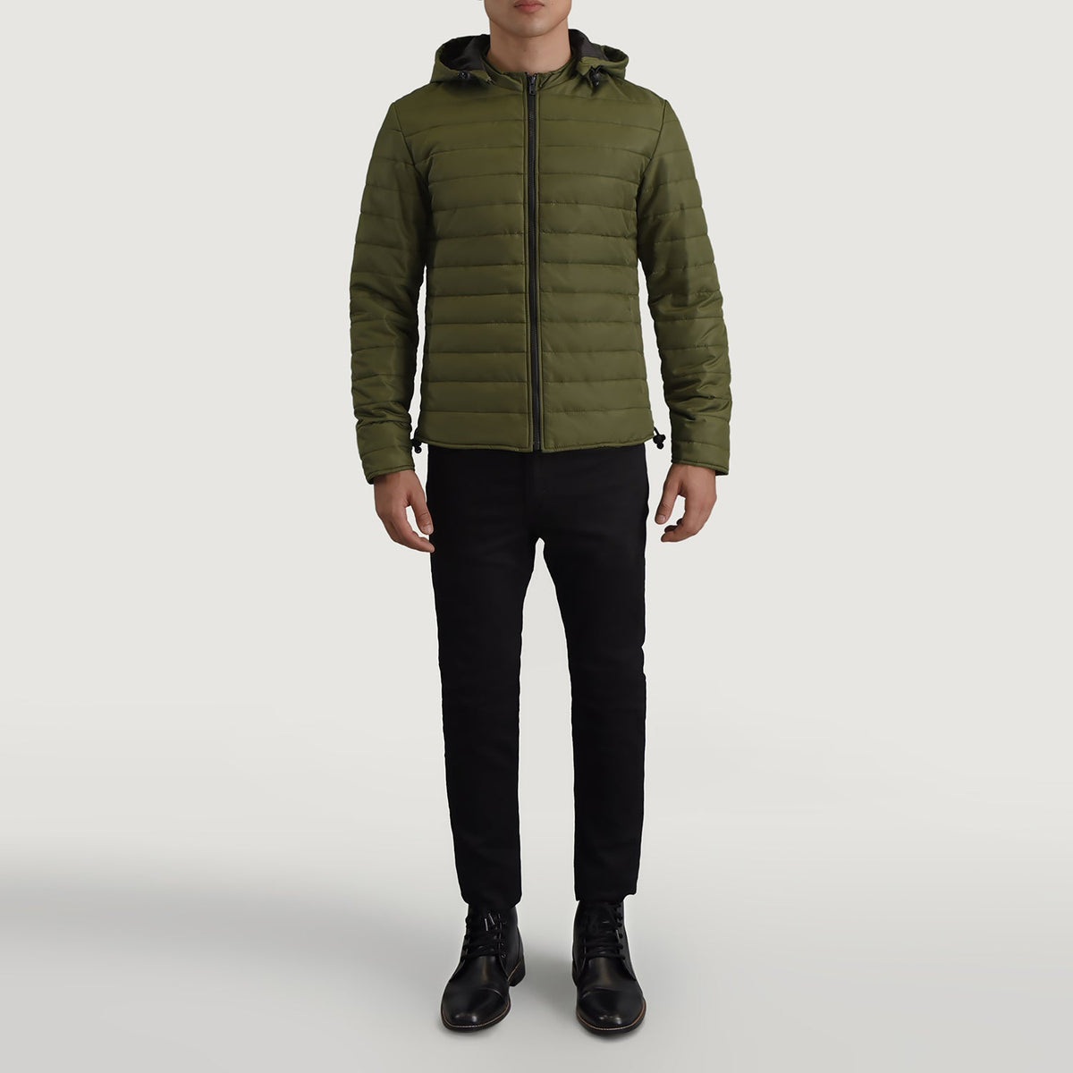 Tyler Green Hooded Puffer Jacket - Lateral Side Profile View Showing Sleeve Cut &amp; Athletic Taper Fit