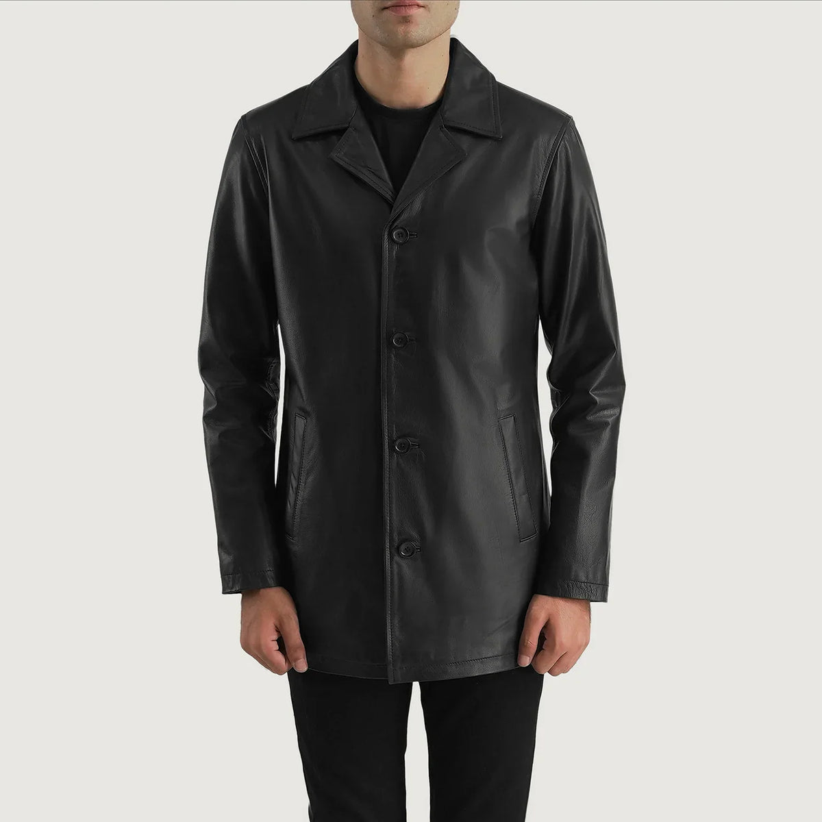 Men's Urban Slate Black Leather Coat in Black Cowhide (Lt-071) Leather - Front Profile View &amp; Tailored Silhouette | Buy Online