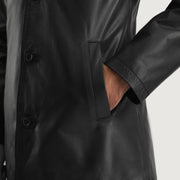 Men's Urban Slate Black Leather Coat - Lateral Side Profile View Showing Sleeve Cut &amp; Athletic Taper Fit