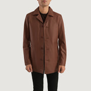 Close-Up Detail of Notch &amp; Button Hardware on Urban Slate Brown Leather Coat