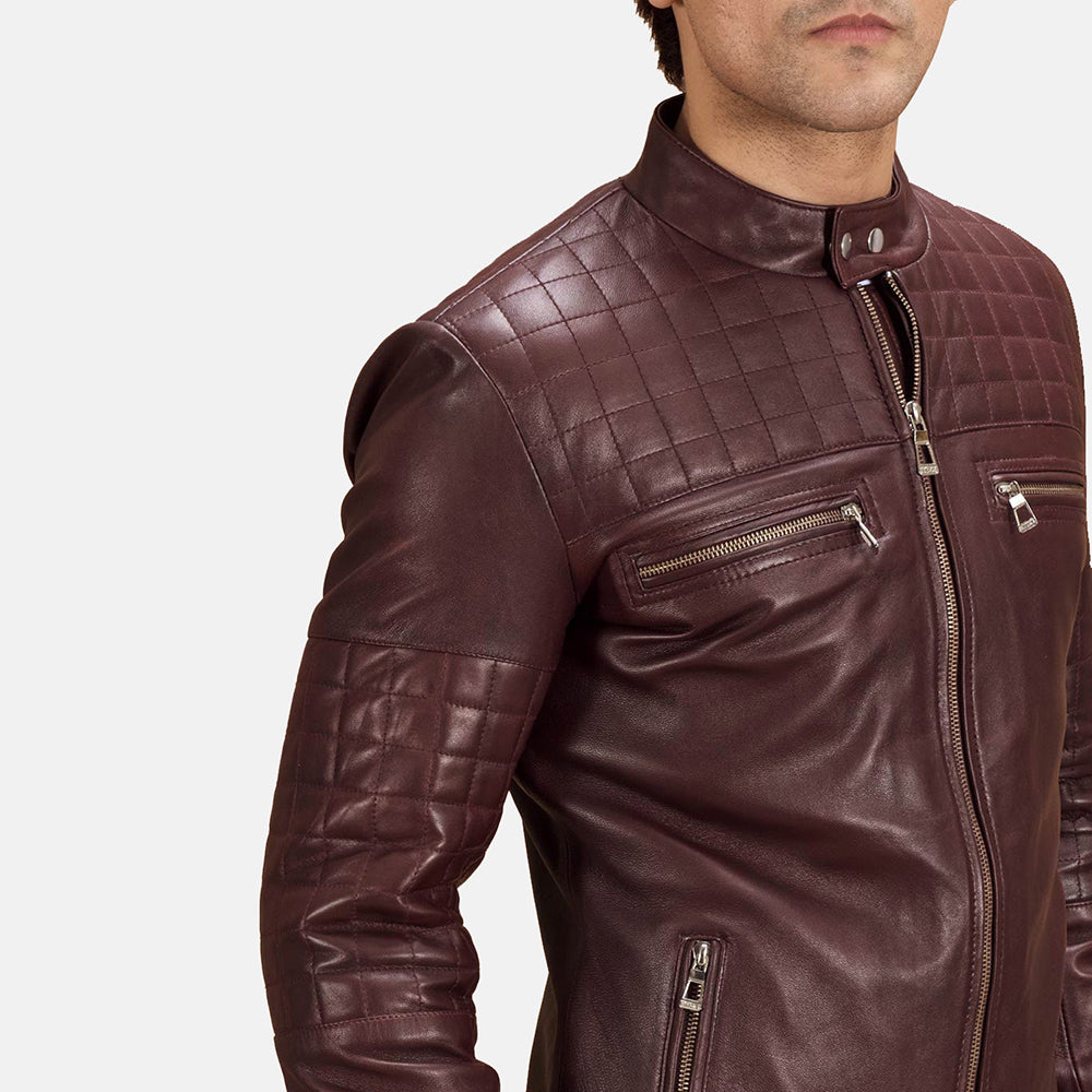 
Urbane Quilted Maroon Leather Biker Jacket - Lateral Side Profile View Showing Sleeve Cut & Athletic Taper Fit