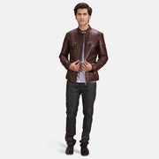 
Close-Up Detail of Band with snap button & Zipper Hardware on Urbane Quilted Maroon Leather Biker Jacket