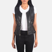 Women's Vanda Black Leather Biker Vest in Black Goatskin Leather - Front Profile View &amp; Tailored Silhouette | Buy Online