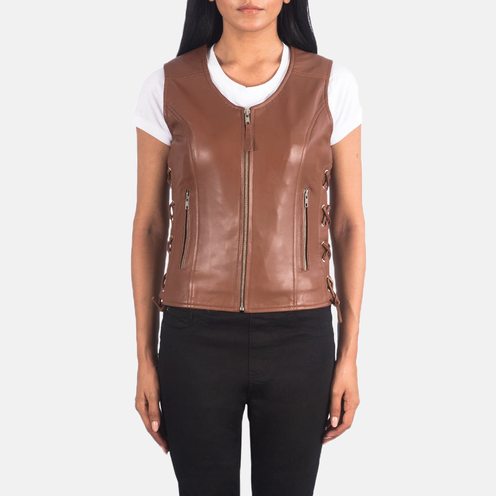 Women's Vanda Brown Leather Biker Vest in Brown Sheepskin Leather - Front Profile View &amp; Tailored Silhouette | Buy Online
