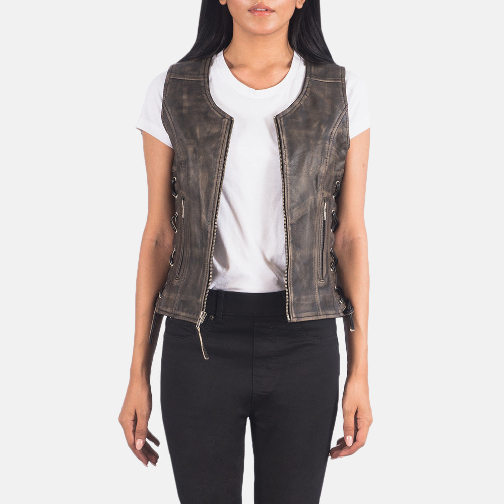 Women's Vanda Distressed Brown Leather Biker Vest in Distressed Brown Goatskin Leather - Front Profile View &amp; Tailored Silhouette | Buy Online