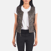 Women's Vanda Distressed Brown Leather Biker Vest in Distressed Brown Goatskin Leather - Front Profile View &amp; Tailored Silhouette | Buy Online