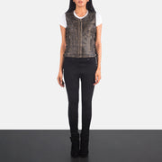 Women's Vanda Distressed Brown Leather Biker Vest - Lateral Side Profile View Showing Sleeve Cut &amp; Athletic Taper Fit