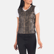 Close-Up Detail of V-neck &amp; Zipper Hardware on Women's Vanda Distressed Brown Leather Biker Vest