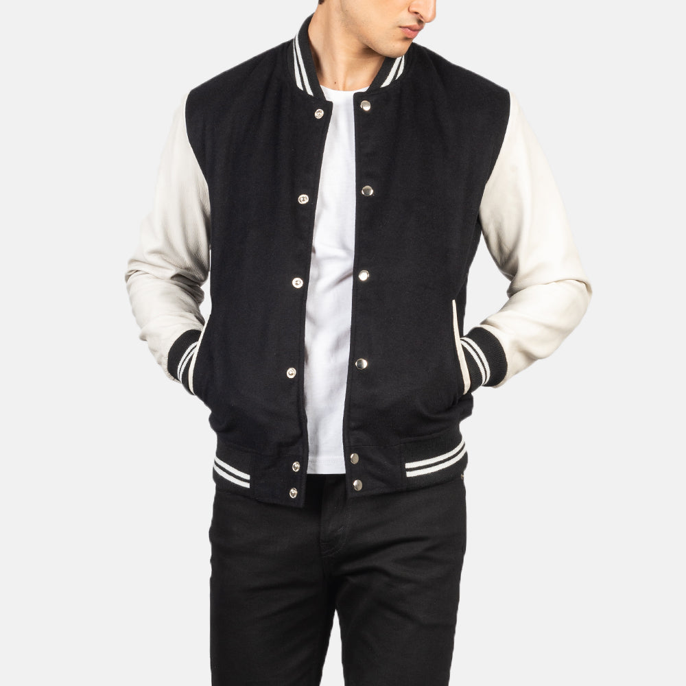 Men's Vaxton Black &amp; White Hybrid Varsity Jacket in Black &amp; White Sheepskin Leather - Front Profile View &amp; Tailored Silhouette | Buy Online