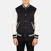 Close-Up Detail of Varsity &amp; Snap Buttons Hardware on Men's Vaxton Black &amp; White Hybrid Varsity Jacket