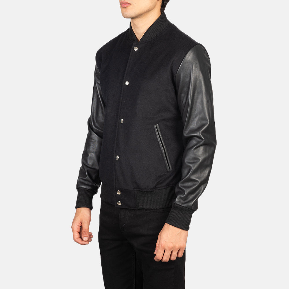 Black Sheepskin Leather Varsity Jacket - Back View Showing Tailored Shoulder Fit &amp; Clean Hemline