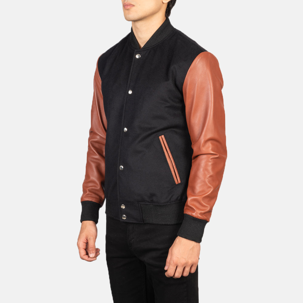 Black &amp; Brown Sheepskin Leather Varsity Jacket - Back View Showing Tailored Shoulder Fit &amp; Clean Hemline
