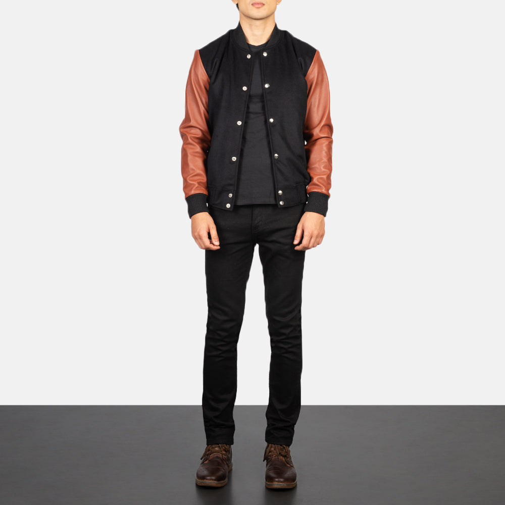 Men's Vaxton Brown Hybrid Varsity Jacket - Lateral Side Profile View Showing Sleeve Cut &amp; Athletic Taper Fit