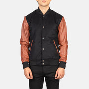 Close-Up Detail of Varsity &amp; Snap Buttons Hardware on Men's Vaxton Brown Hybrid Varsity Jacket