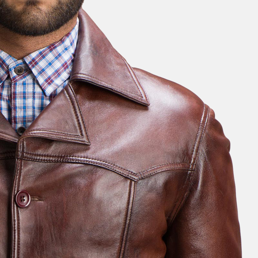 Men's Vincent Alley Brown Leather Jacket - Lateral Side Profile View Showing Sleeve Cut &amp; Athletic Taper Fit