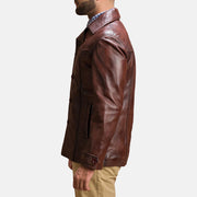 Close-Up Detail of Notch &amp; Button Hardware on Men's Vincent Alley Brown Leather Jacket