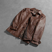 Open Hem &amp; Hem Craftsmanship Construction Detail on Men's Vincent Alley Brown Leather Jacket