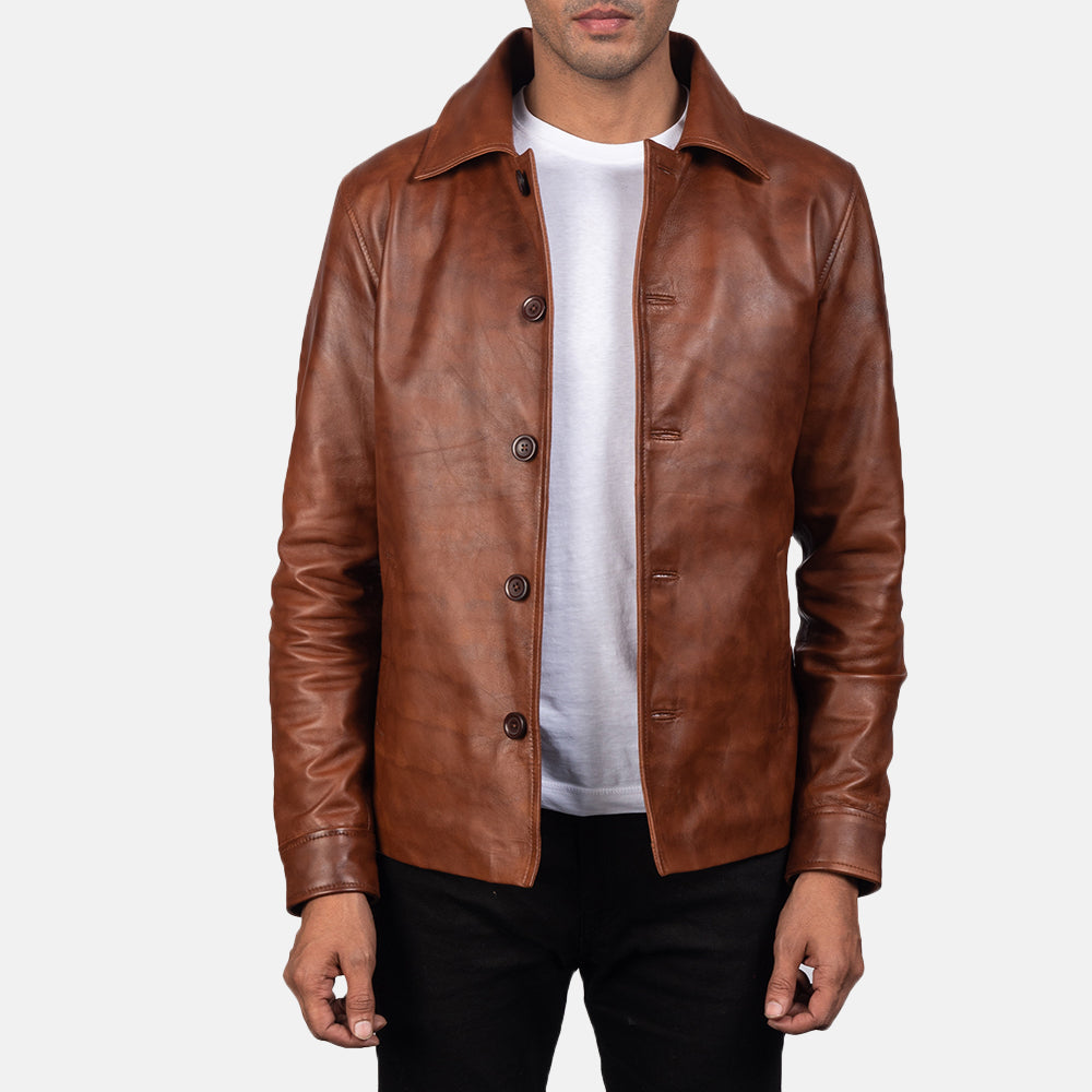 Waffle Brown Leather Jacket in Distressed Brown Sheepskin Burnishing - Front Profile View &amp; Tailored Silhouette | Buy Online