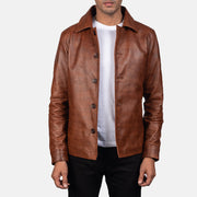 Waffle Brown Leather Jacket in Distressed Brown Sheepskin Burnishing - Front Profile View &amp; Tailored Silhouette | Buy Online