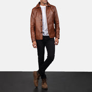 Close-Up Detail of Shirt &amp; Button Hardware on Waffle Brown Leather Jacket
