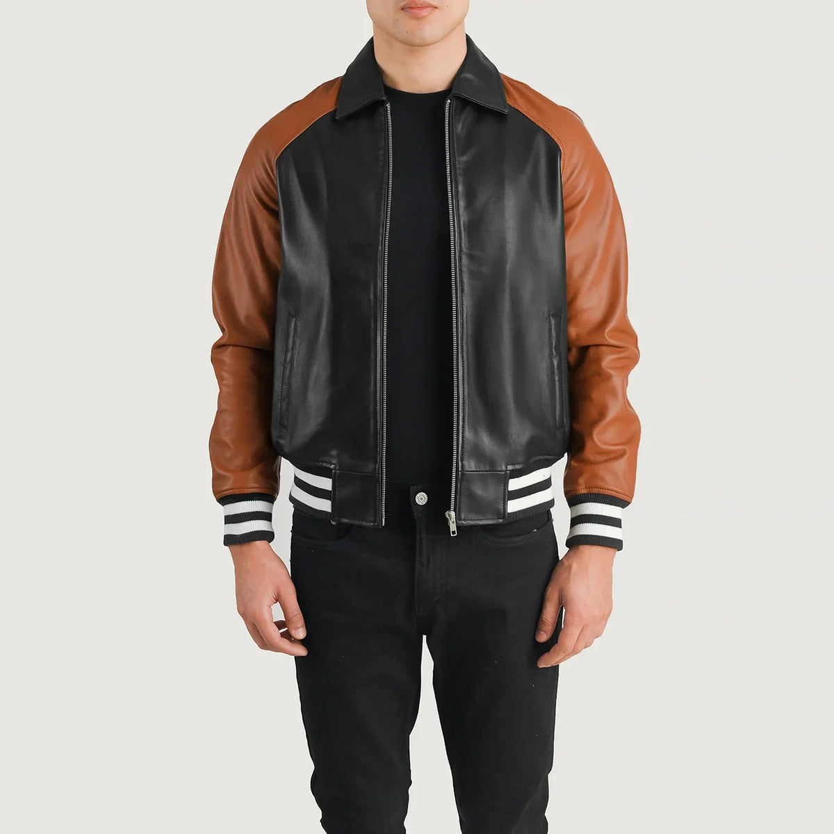Walton Blue Leather Varsity Jacket in Blue Sheepskin Leather - Front Profile View &amp; Tailored Silhouette | Buy Online