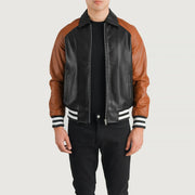 Walton Blue Leather Varsity Jacket in Blue Sheepskin Leather - Front Profile View &amp; Tailored Silhouette | Buy Online