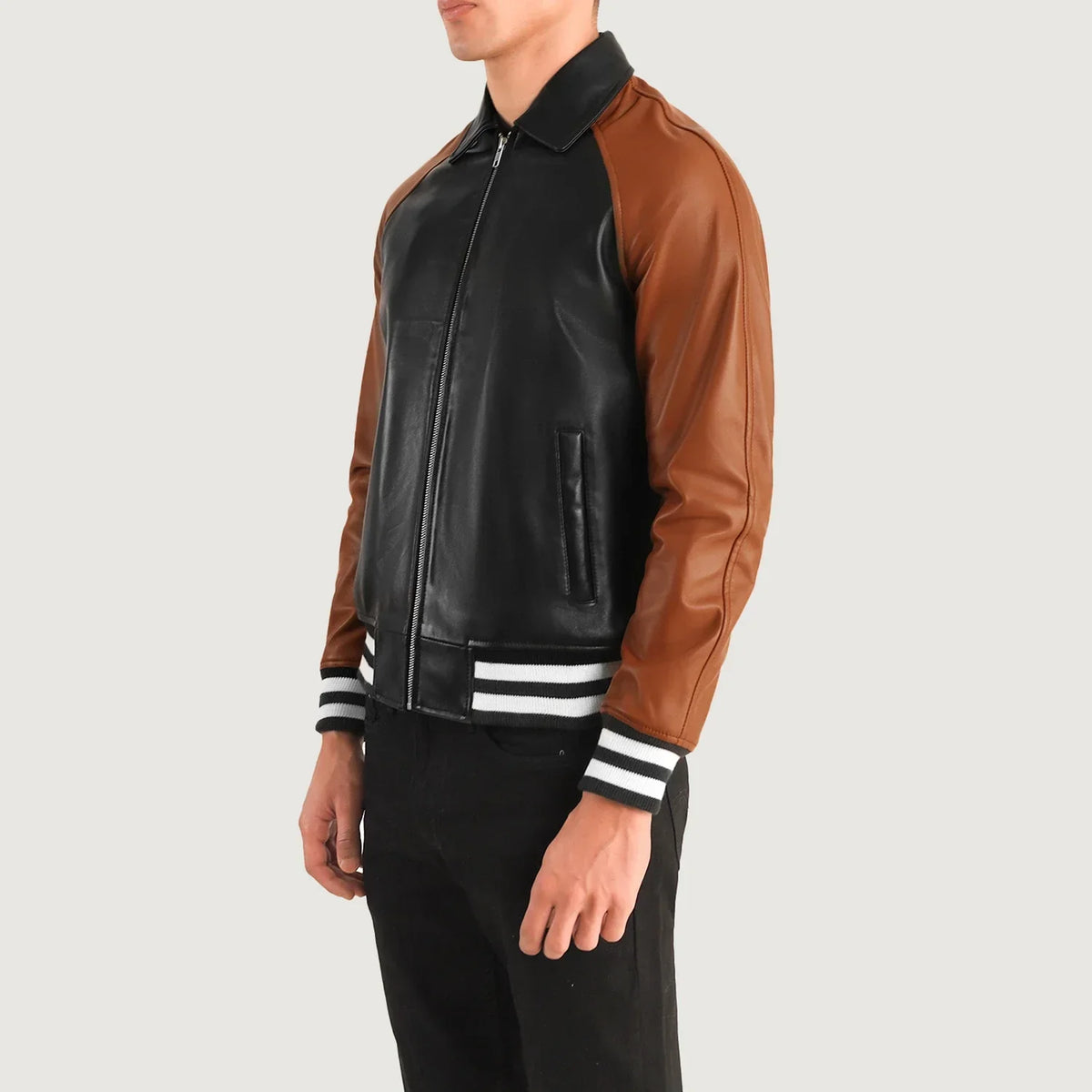 Blue Sheepskin Leather Varsity Jacket - Back View Showing Tailored Shoulder Fit &amp; Clean Hemline